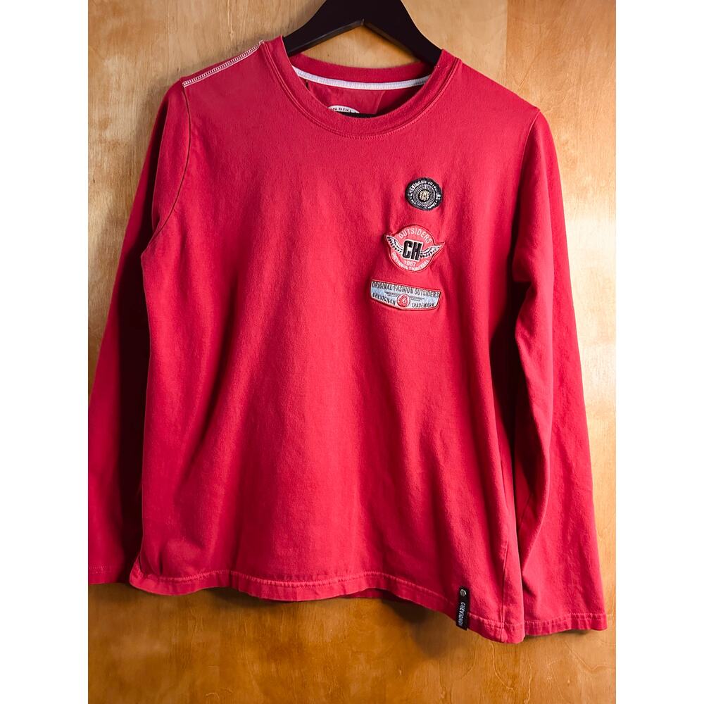 Chevignon Men's Red Long Sleeve Shirt with Trademark Patches Size Large